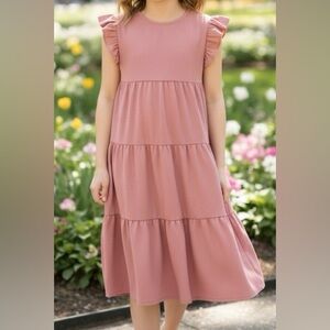 Women’s Tiered Dress with Ruffled Sleeves in Dusty Pink